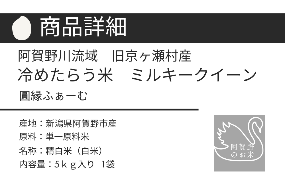 阿賀野川流域、旧京ヶ瀬村産。圓縁ふぁーむのミルキークイーン